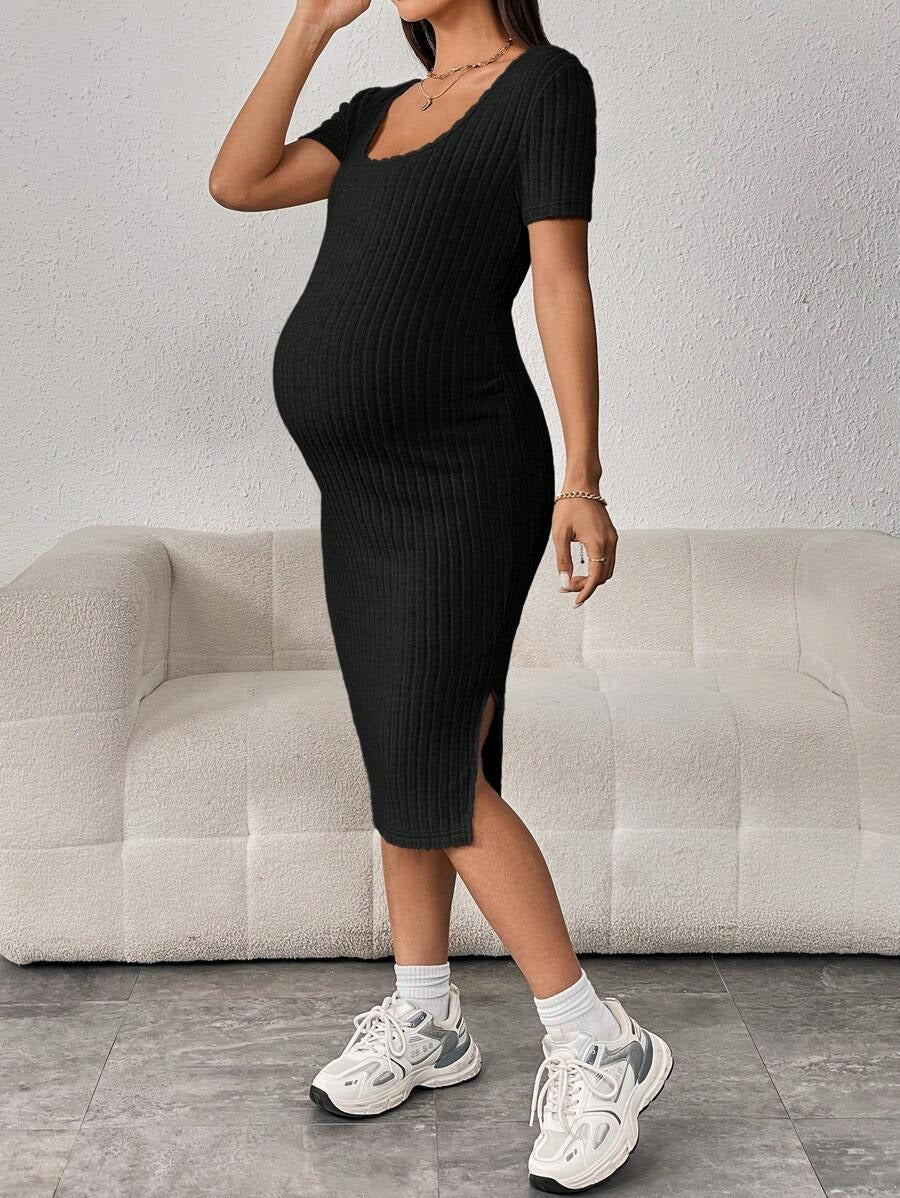Ribbed Maternity Dress with Split Hem