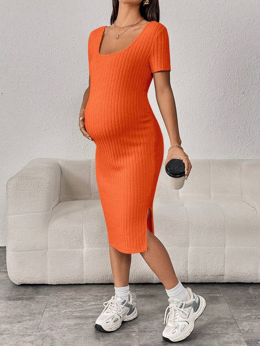 Ribbed Maternity Dress with Split Hem