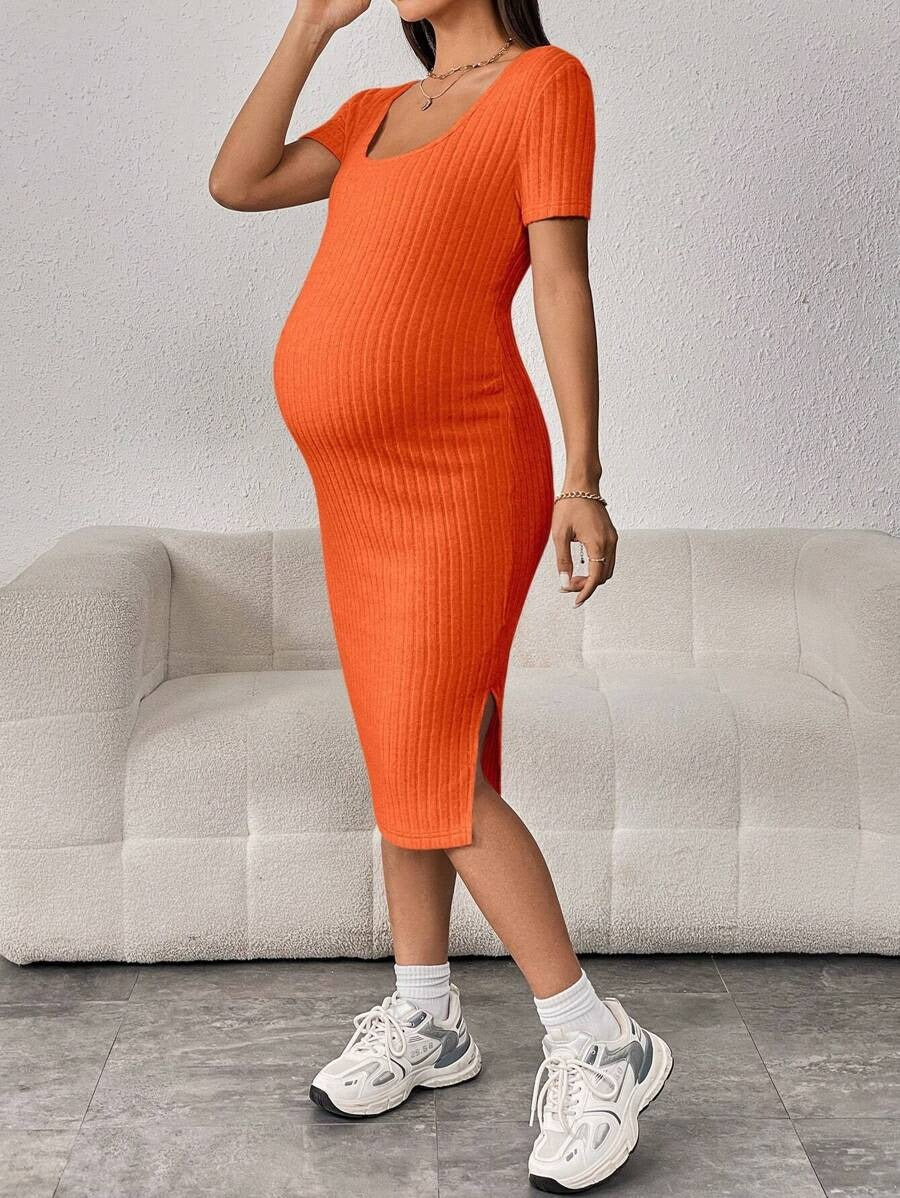 Ribbed Maternity Dress with Split Hem