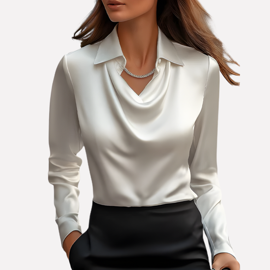 Blusa de satén para mujer con cuello drapeado