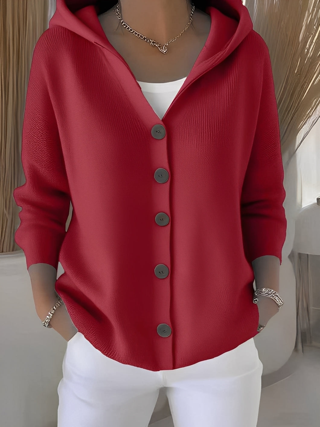 Knitted Ladies' Cardigan with Hood and Buttons for a Comfortable Casual Look