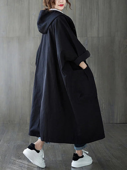 Oversized Midi Trench Coat with Hood and Large Pockets for Women