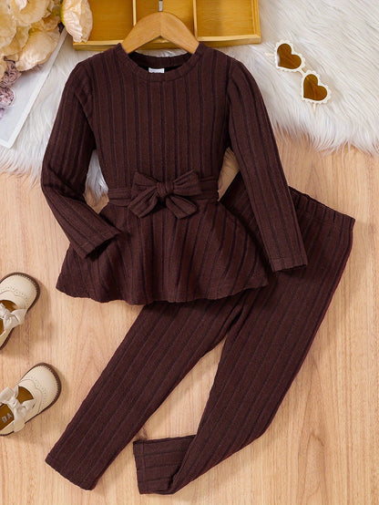 Girls' Kids 2-Piece Casual Round Neck Long Sleeve Top with Bow & Trousers - Ember