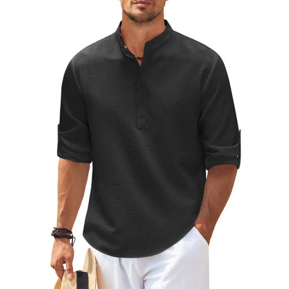 Long Sleeve Shirt with Stand-up Collar and Solid Colour