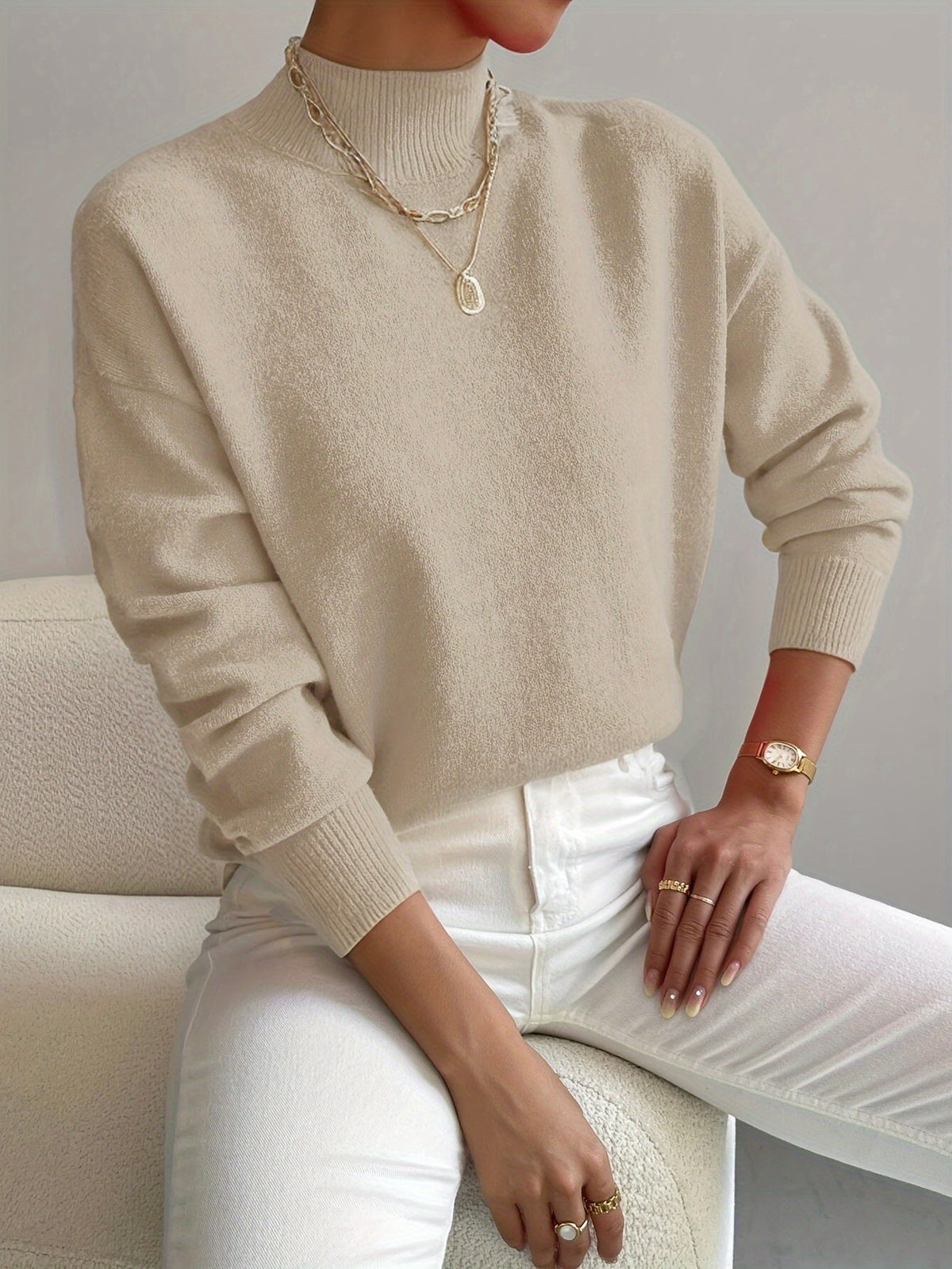 Camisola de malha para senhora, de gola subida e manga comprida, para o outono e o inverno