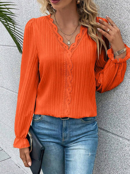 Orange Ladies' Shirt with Lace Details and Long Sleeves