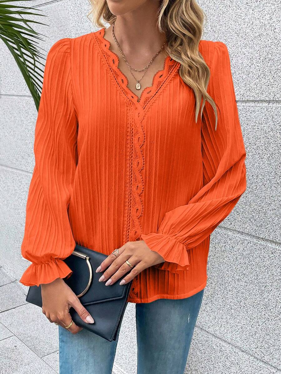 Orange Ladies' Shirt with Lace Details and Long Sleeves