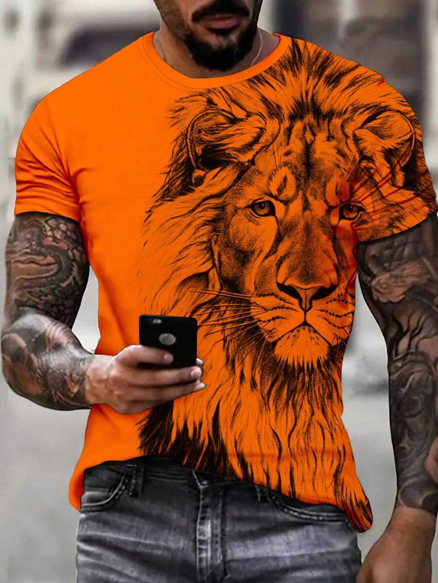 Orange Men's T-shirt with Lion Print