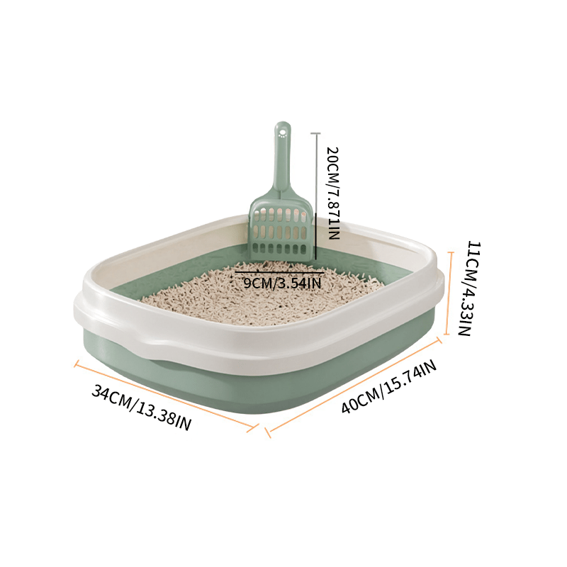 Arenero abierto grande para gatos con borde elevado y pala – Diseño minimalista y espacioso