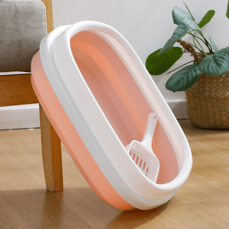 Arenero abierto grande para gatos con borde elevado y pala – Diseño minimalista y espacioso