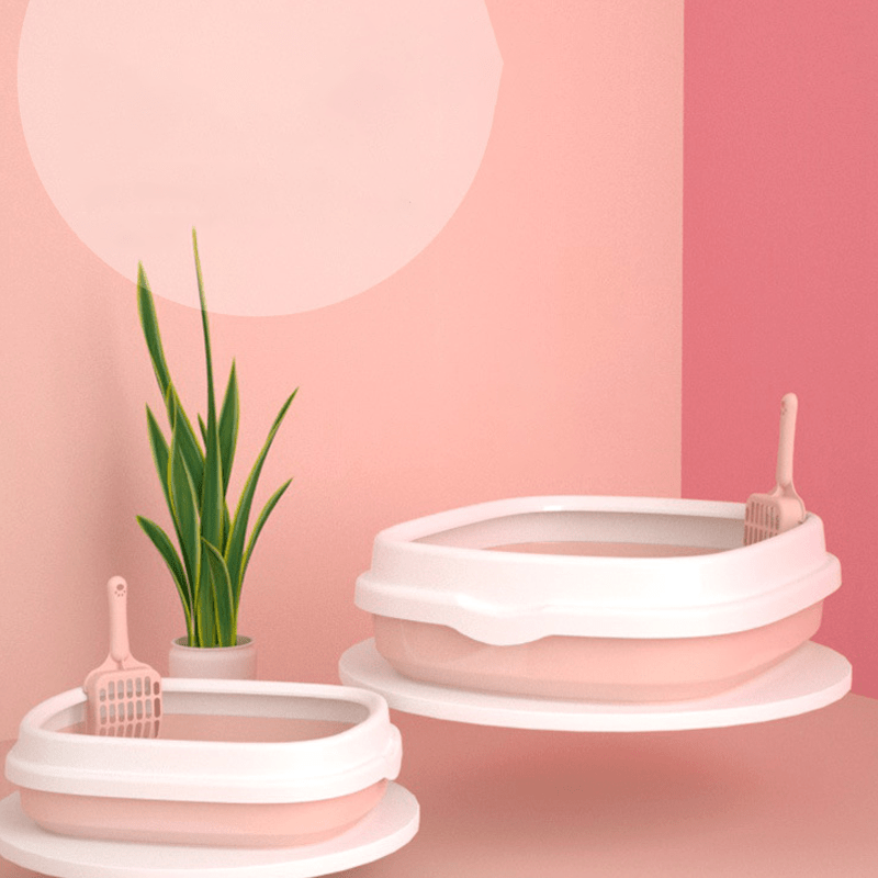 Arenero abierto grande para gatos con borde elevado y pala – Diseño minimalista y espacioso