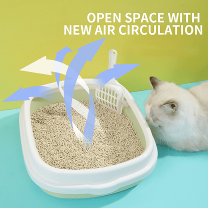 Arenero abierto grande para gatos con borde elevado y pala – Diseño minimalista y espacioso