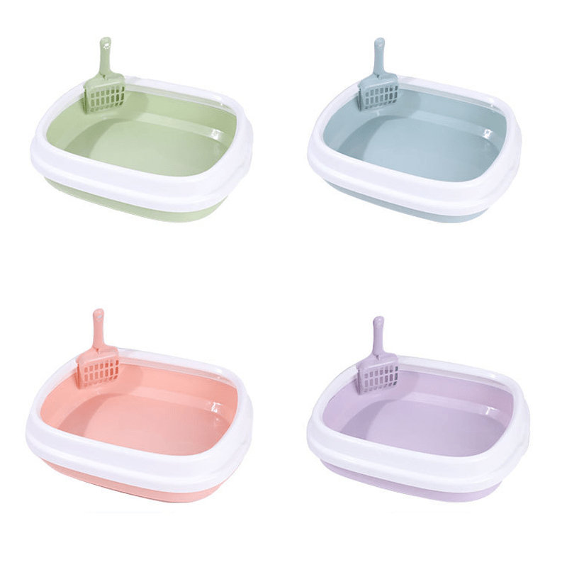 Arenero abierto grande para gatos con borde elevado y pala – Diseño minimalista y espacioso