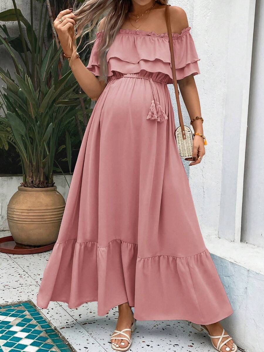 Maternity Dress with Ruffles and Pleated Hem