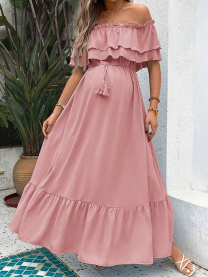 Maternity Dress with Ruffles and Pleated Hem