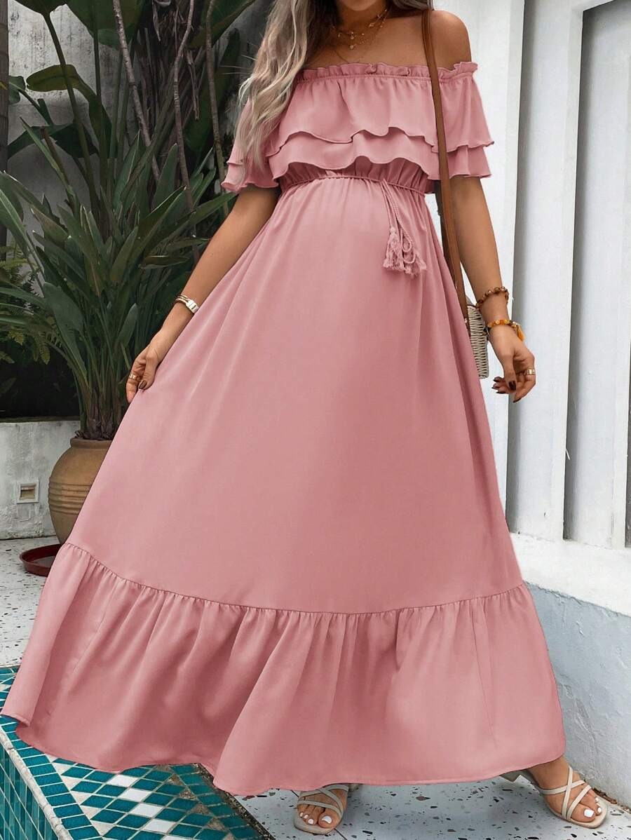 Maternity Dress with Ruffles and Pleated Hem