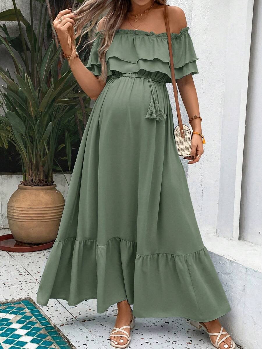 Maternity Dress with Ruffles and Pleated Hem