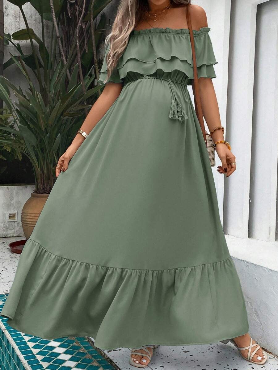 Maternity Dress with Ruffles and Pleated Hem