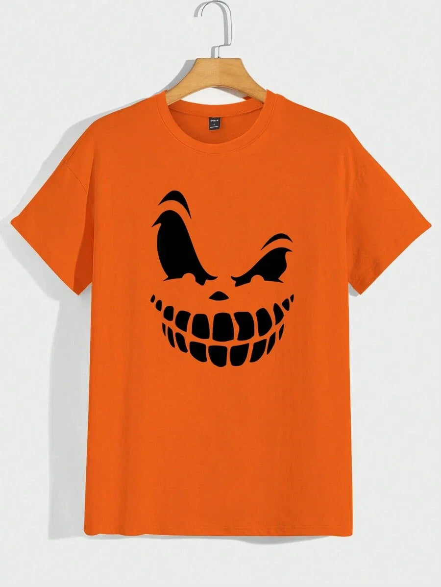 Orange Men's T-shirt with Cartoon Pumpkin Print