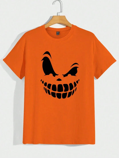 Orange Men's T-shirt with Cartoon Pumpkin Print
