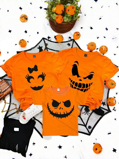 Orange Men's T-shirt with Cartoon Pumpkin Print
