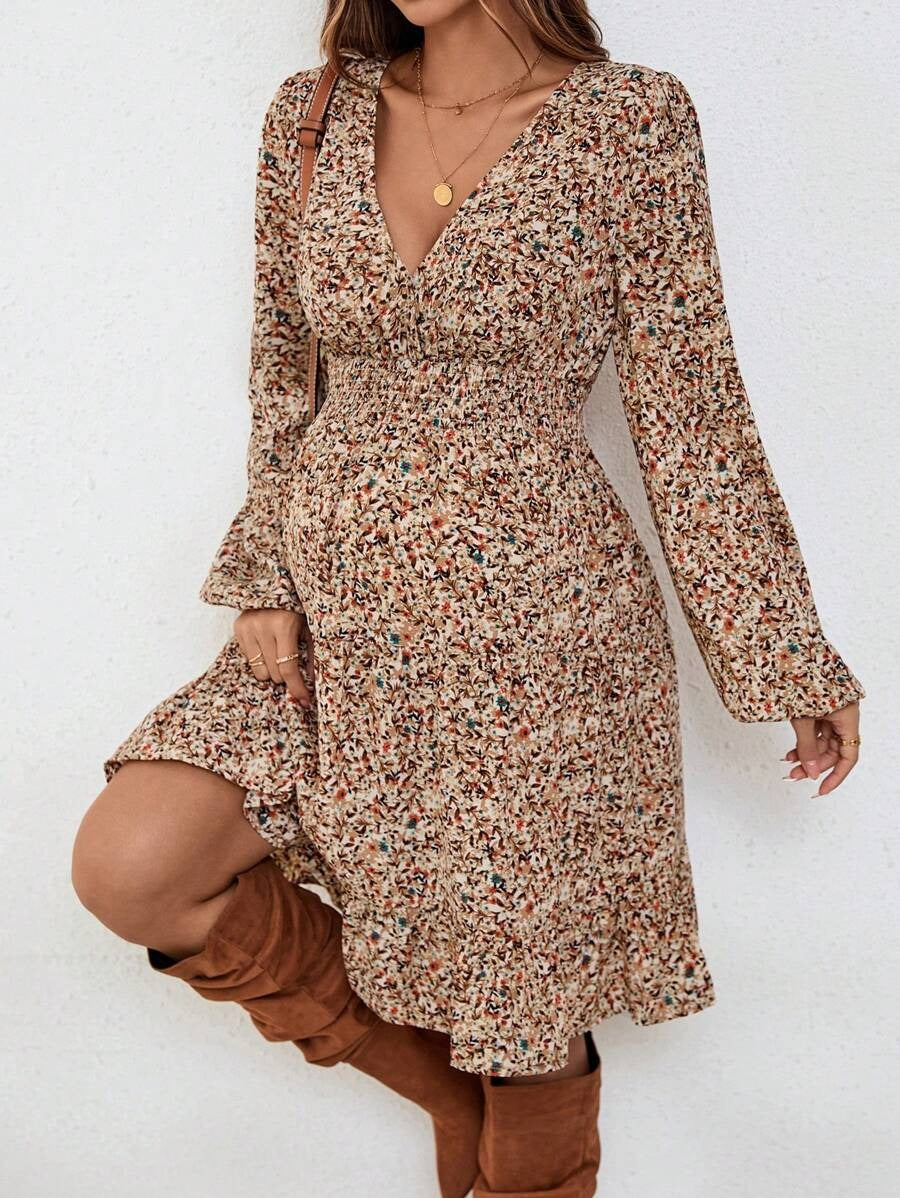 Maternity Dress with Deep V-Neck and Delicate Floral Print