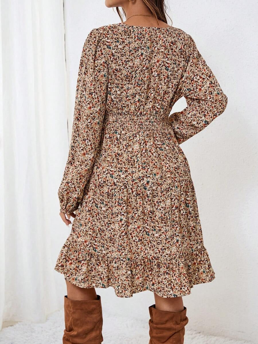 Maternity Dress with Deep V-Neck and Delicate Floral Print