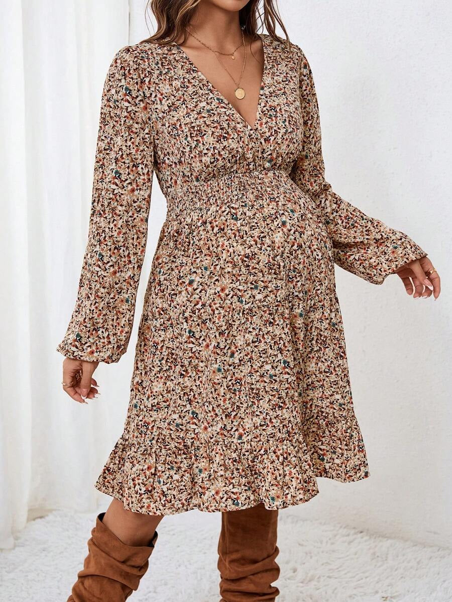 Maternity Dress with Deep V-Neck and Delicate Floral Print