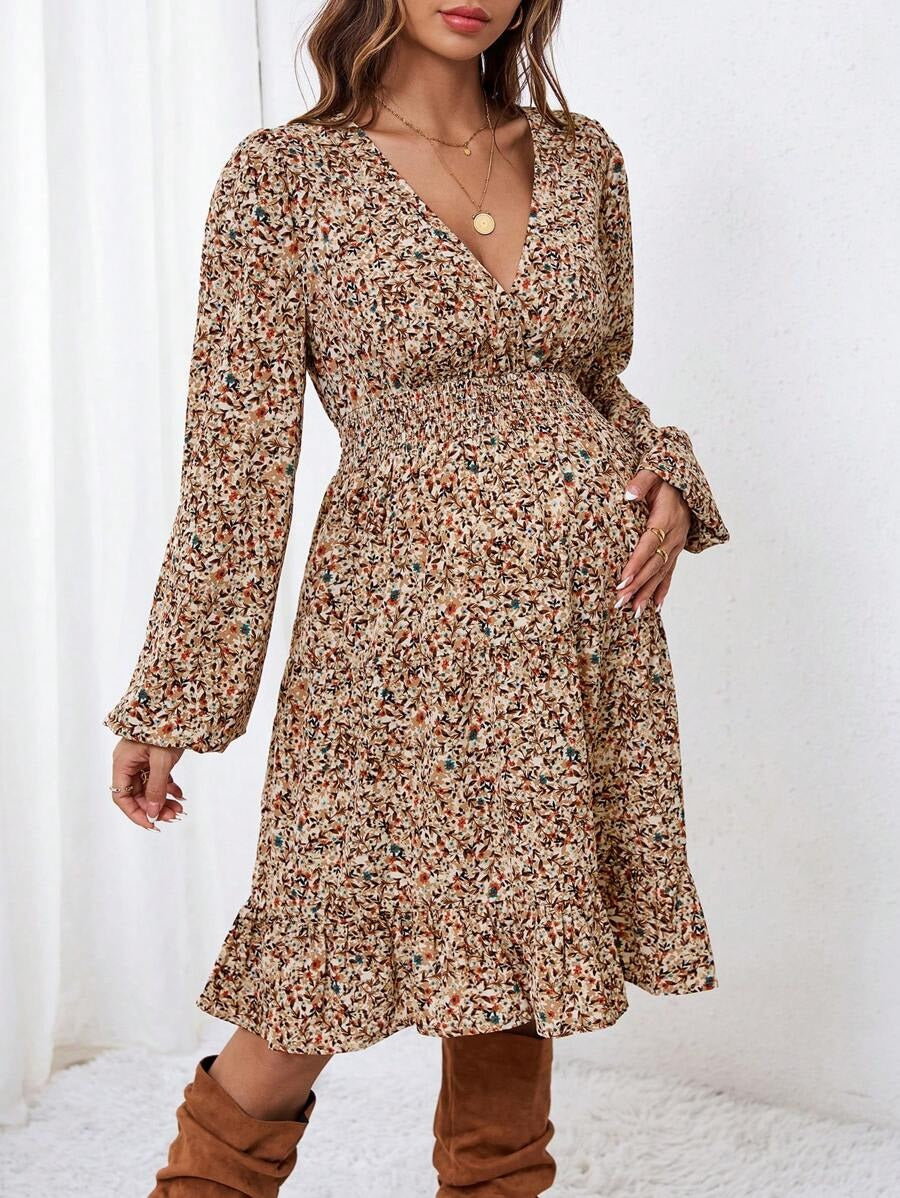 Maternity Dress with Deep V-Neck and Delicate Floral Print