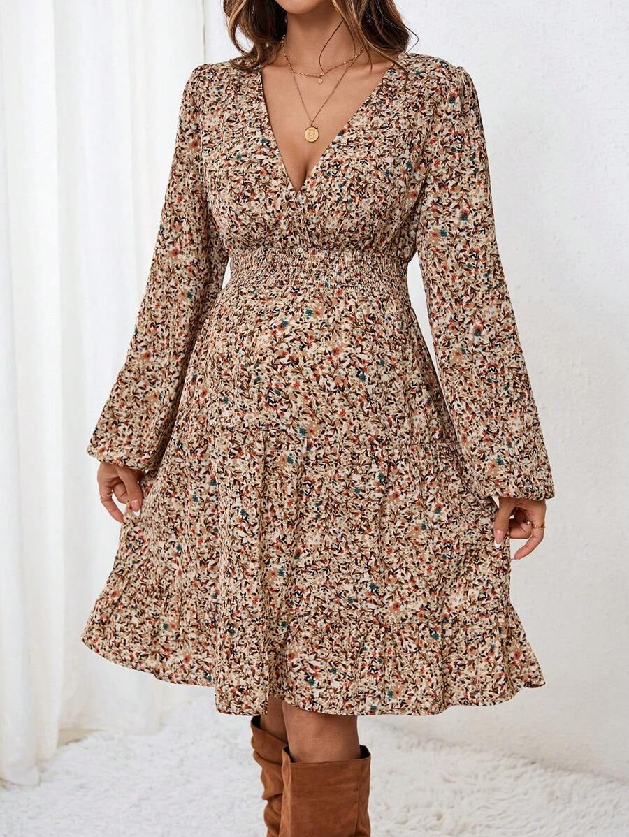 Maternity Dress with Deep V-Neck and Delicate Floral Print