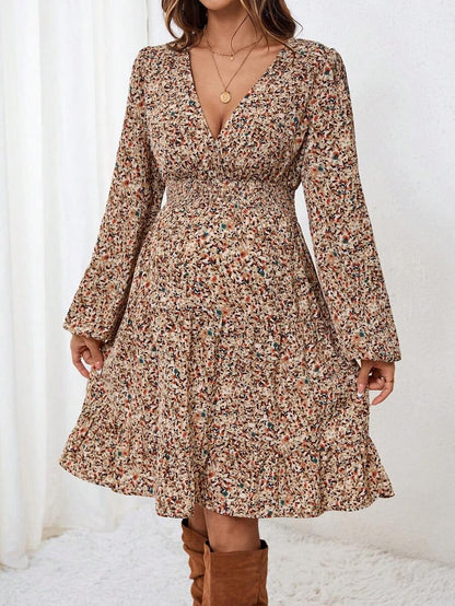 Maternity Dress with Deep V-Neck and Delicate Floral Print