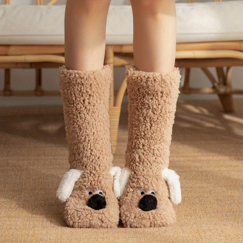 Ladies' Cozy Cartoon Dog Winter Socks - Soft and Warm Slipper Socks with Cute Animal Design