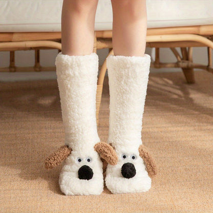 Ladies' Cozy Cartoon Dog Winter Socks - Soft and Warm Slipper Socks with Cute Animal Design
