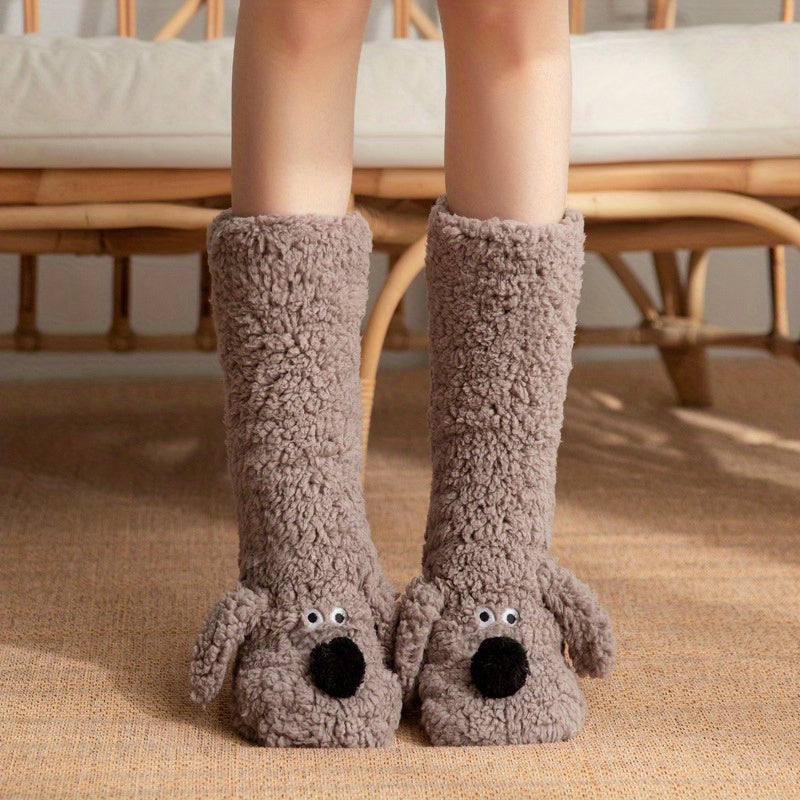 Ladies' Cozy Cartoon Dog Winter Socks - Soft and Warm Slipper Socks with Cute Animal Design
