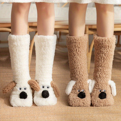 Ladies' Cozy Cartoon Dog Winter Socks - Soft and Warm Slipper Socks with Cute Animal Design