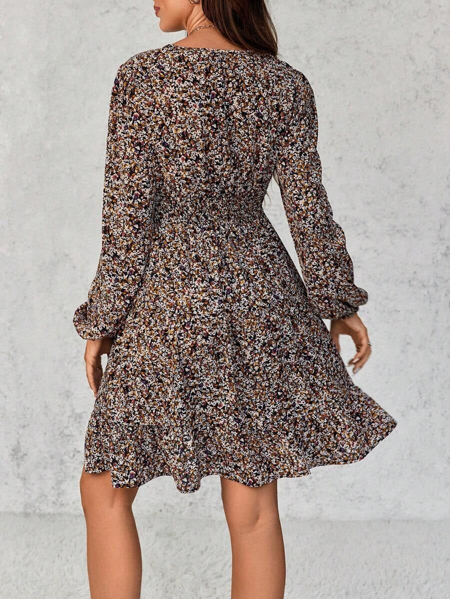 Maternity Dress with Deep V-Neck and Delicate Floral Print