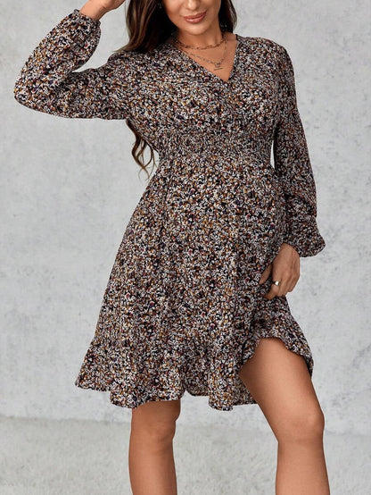 Maternity Dress with Deep V-Neck and Delicate Floral Print