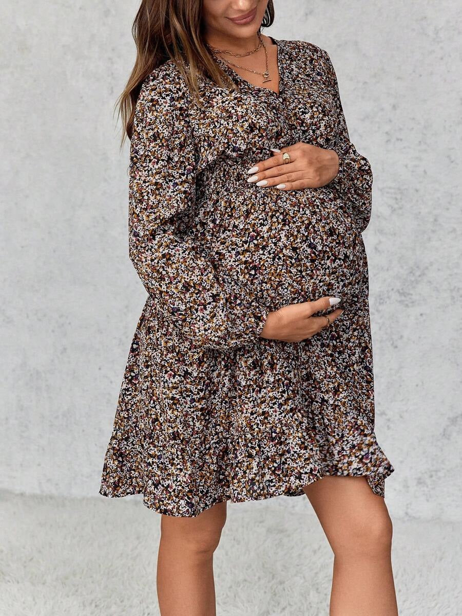 Maternity Dress with Deep V-Neck and Delicate Floral Print