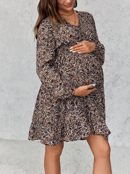Maternity Dress with Deep V-Neck and Delicate Floral Print