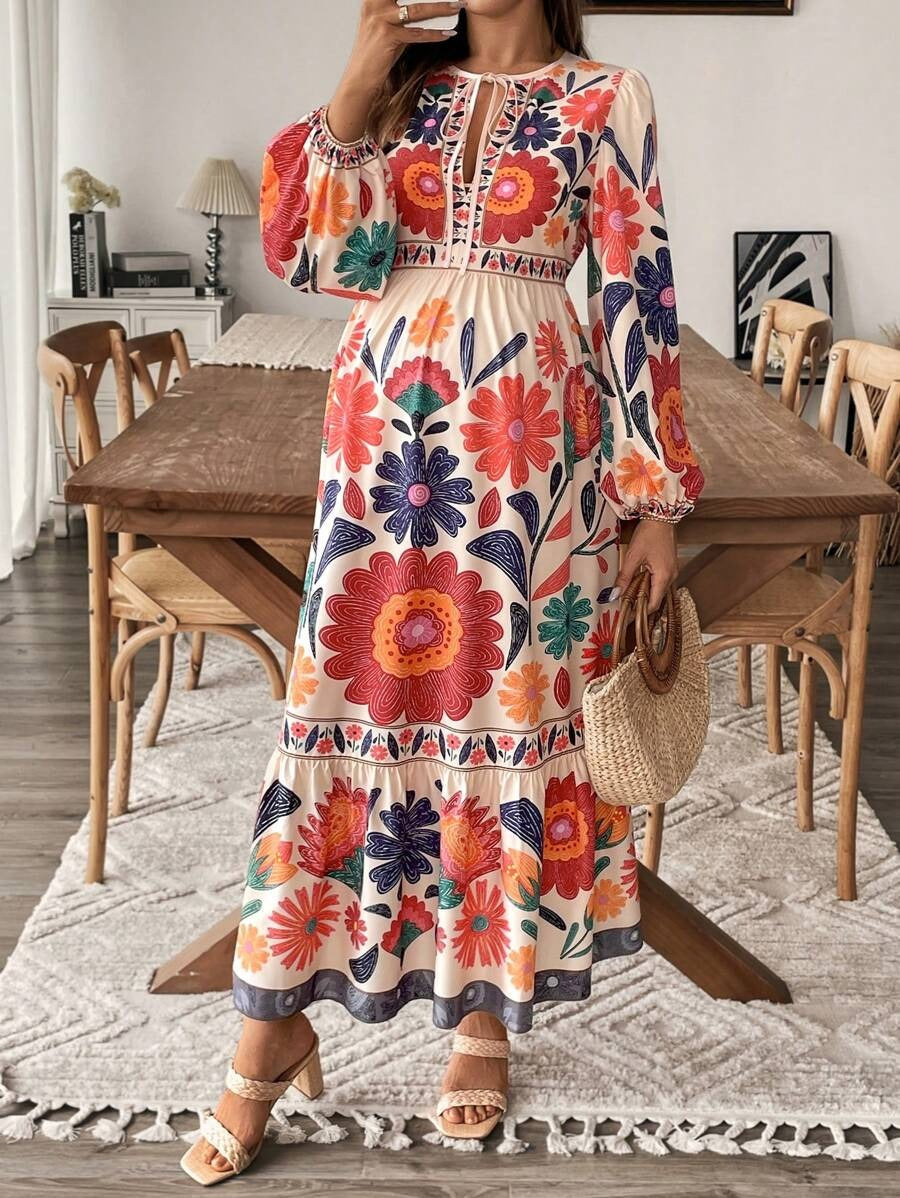 Maternity Dress with Floral Print and Bow Closure