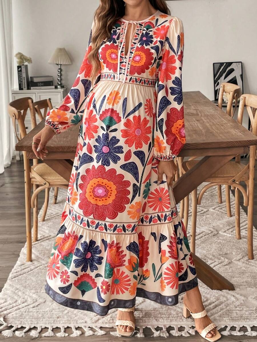 Maternity Dress with Floral Print and Bow Closure