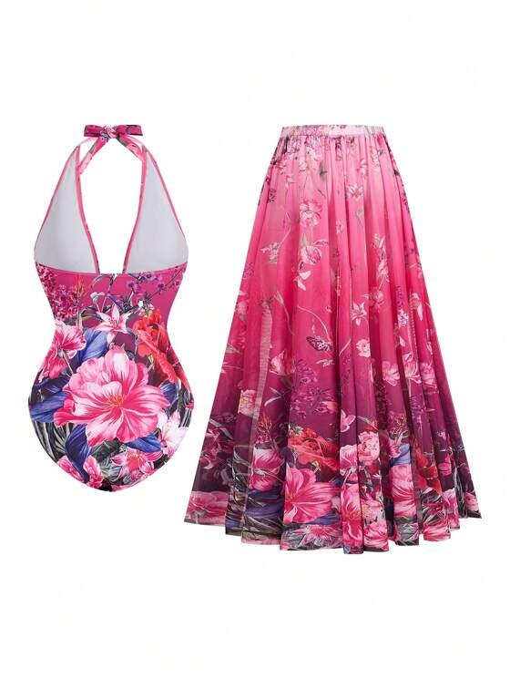 Romantic Swimsuit with Floral Print and Wrap Skirt