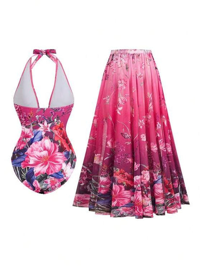 Romantic Swimsuit with Floral Print and Wrap Skirt