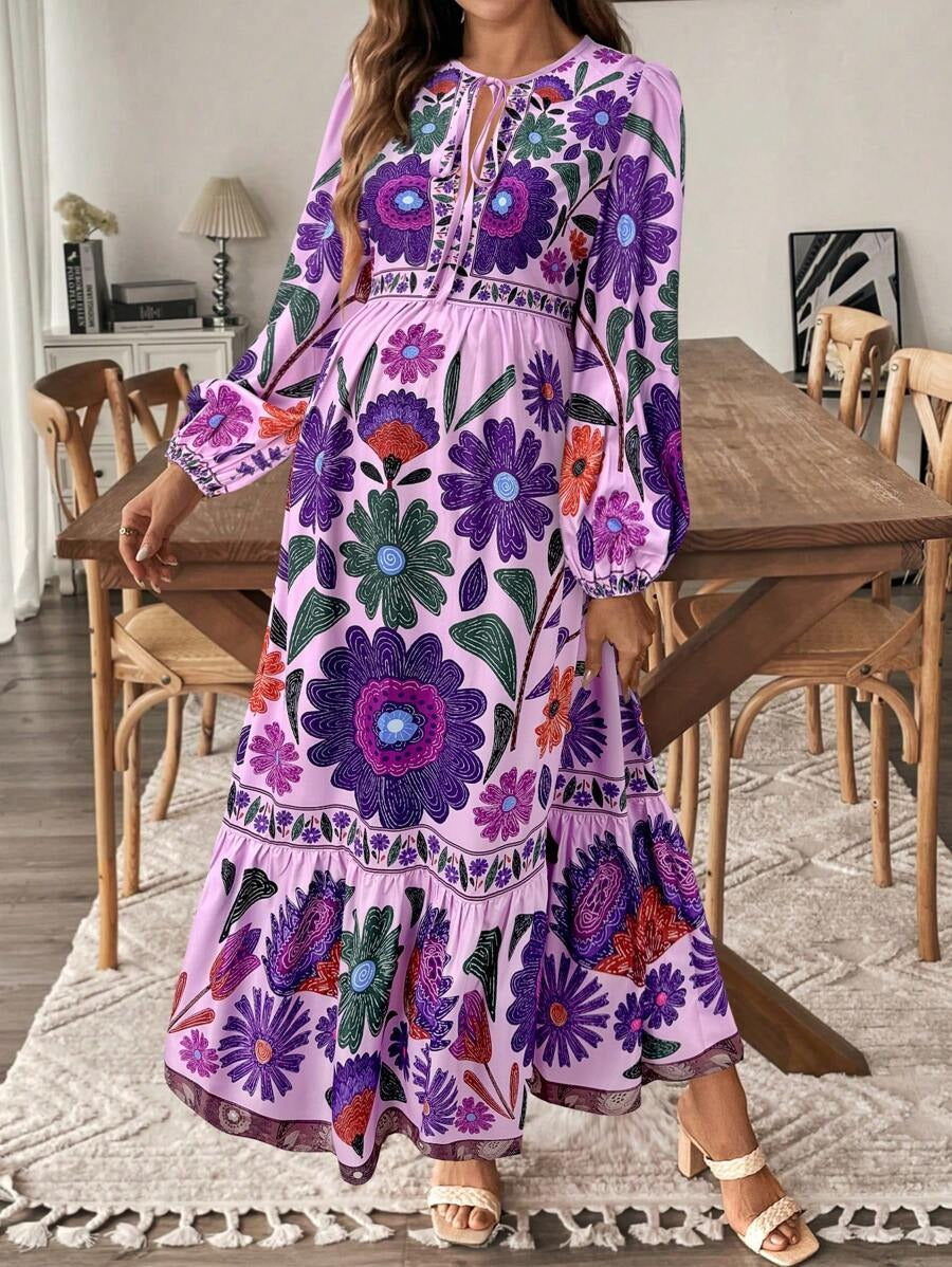 Maternity Dress with Floral Print and Bow Closure