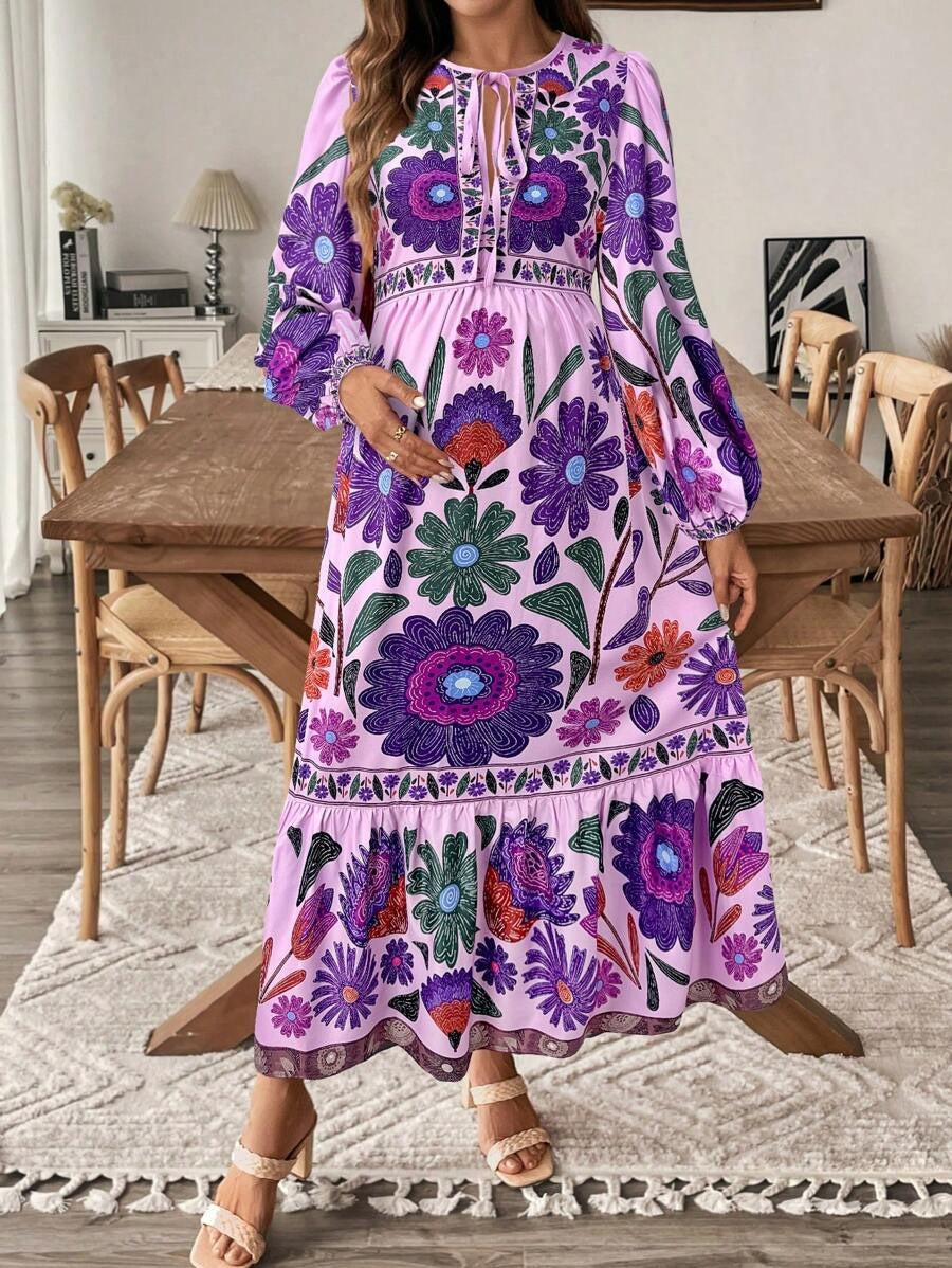 Maternity Dress with Floral Print and Bow Closure