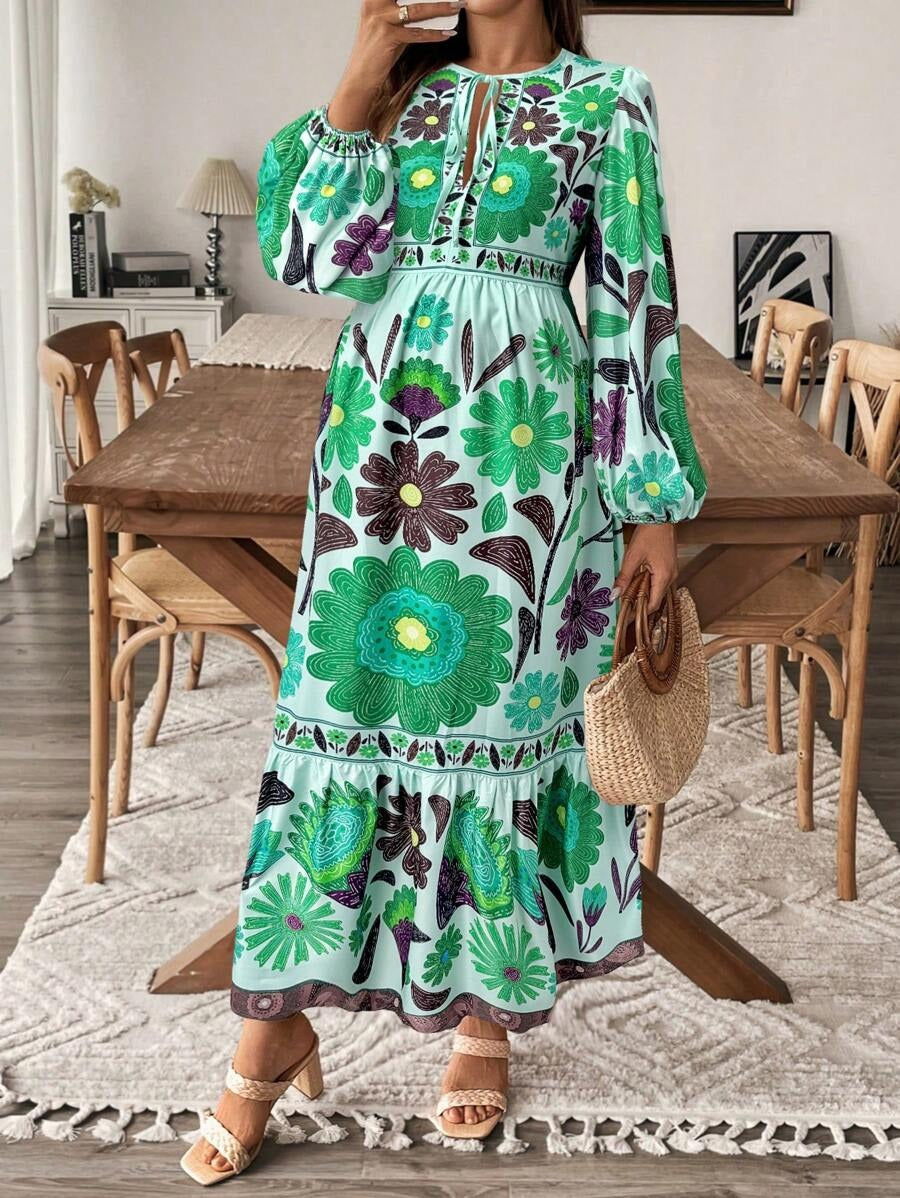 Maternity Dress with Floral Print and Bow Closure