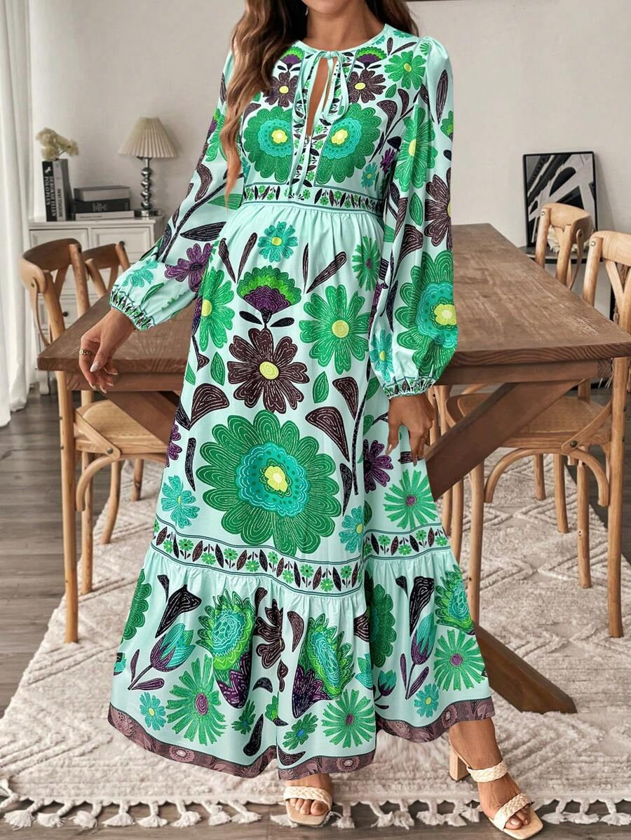 Maternity Dress with Floral Print and Bow Closure