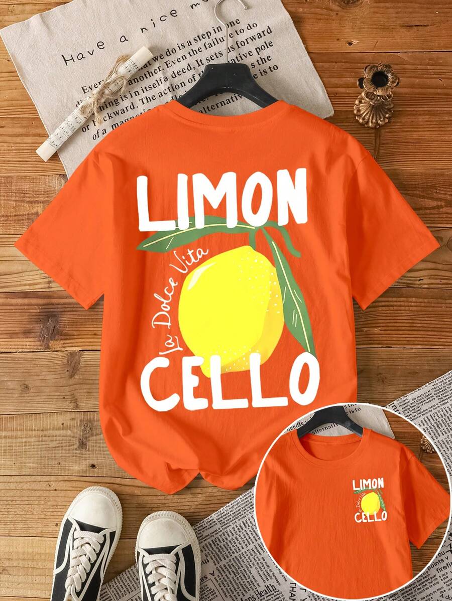 Orange Ladies T-shirt with Fruit Print and Text