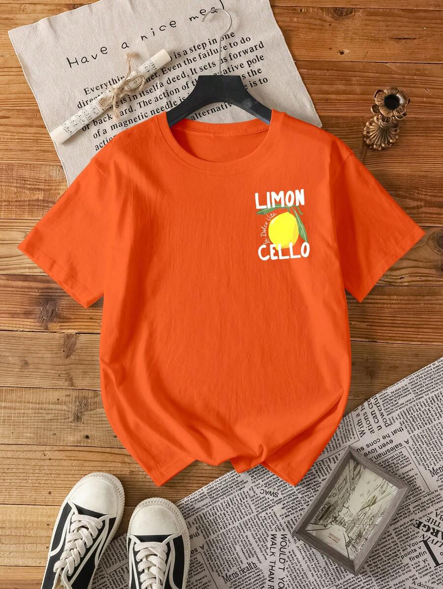 Orange Ladies T-shirt with Fruit Print and Text