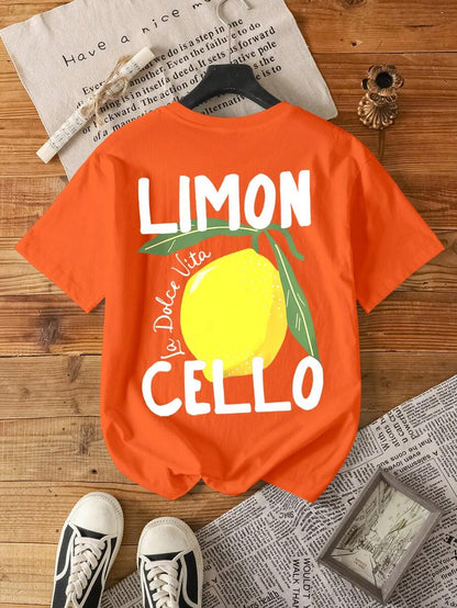 Orange Ladies T-shirt with Fruit Print and Text